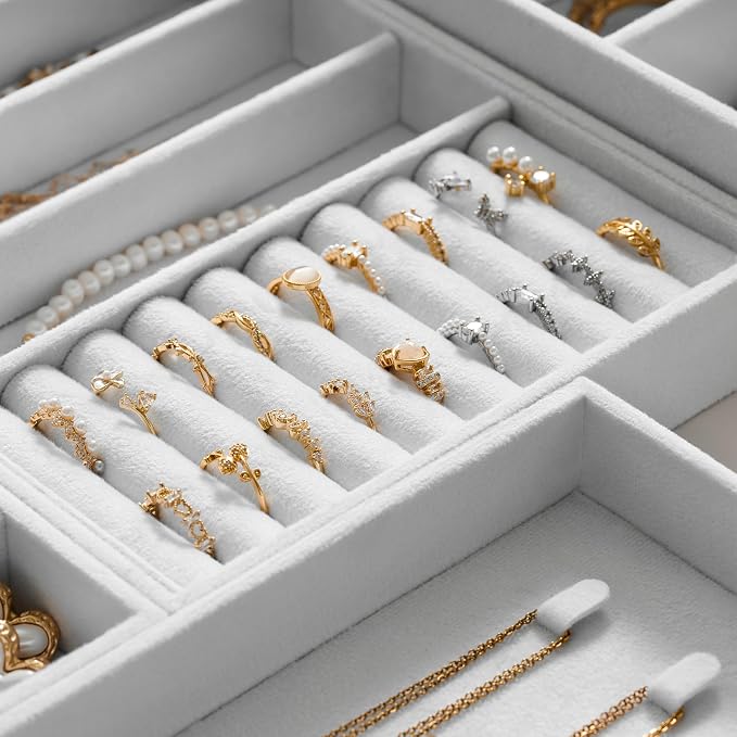 Velvet Jewelry Drawer Organizer Trays – Large White Stackable Jewelry Storage Inserts Set, 4-Layer Jewelry Tray Set for Earrings, Rings, Necklaces, Bracelets with Removable Dividers for Dresser,Vanity - Image 4