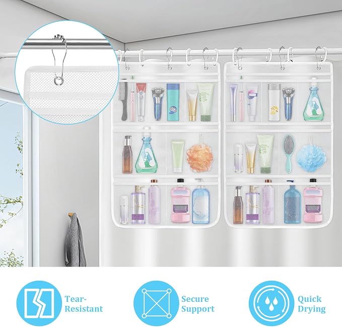 2 Pack Mesh Shower Caddy Hanging Organizer with 7 Pockets, Quick Dry Bathroom Storage Bag, Cruise Cabin and Dorm Essentials for Travel, Toiletry Organizer for Shampoo Soap - Image 5