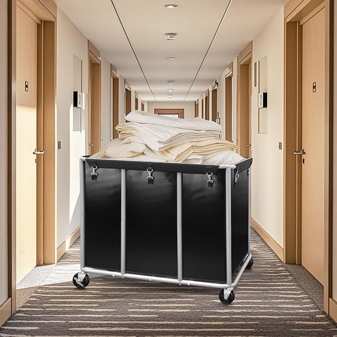 STORAGE MANIAC Commercial Laundry Cart with Wheels 420L Sturdy Steel Frame Heavy Duty Rolling Laundry Hamper on Wheels Big Laundry Basket with Removable Waterproof Liner Bag, 400 lbs Load, Black - Image 2