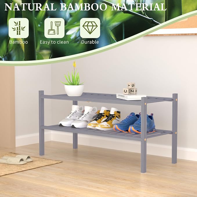 ROMGUAR CRAFT 2 Tier Bamboo Shoe Rack for Closet Free Standing Wood Shoe Shelf for Entryway Small Space Stackable 27"x11"x13" (Grey) - Image 6
