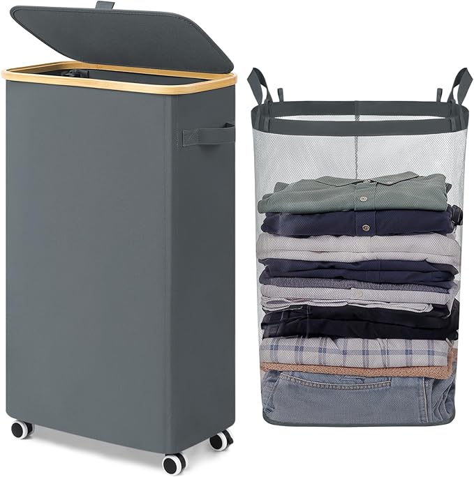 Goodpick Slim Laundry Basket with Wheels and Lid, 75L Rolling Dirty Clothes Hamper for Dorm Bathroom, Large Laundry Hamper with Bamboo Frame Removable Bag, 17" x 9.8" x 29.5", Gray by Goodpick