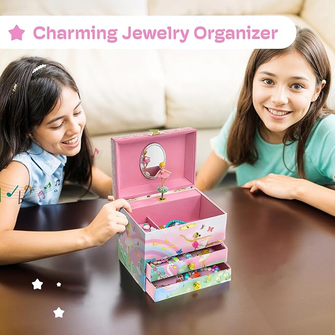 Jewelkeeper Jewelry Box for Girls - Spinning Ballerina Doll to Swan Lake Tune Music Box - Pink Jewelry Boxes for Girls with 2 Drawers - Ideal for Storing Necklaces and Bracelets - 7Lx5Hx6W Inches - Image 2