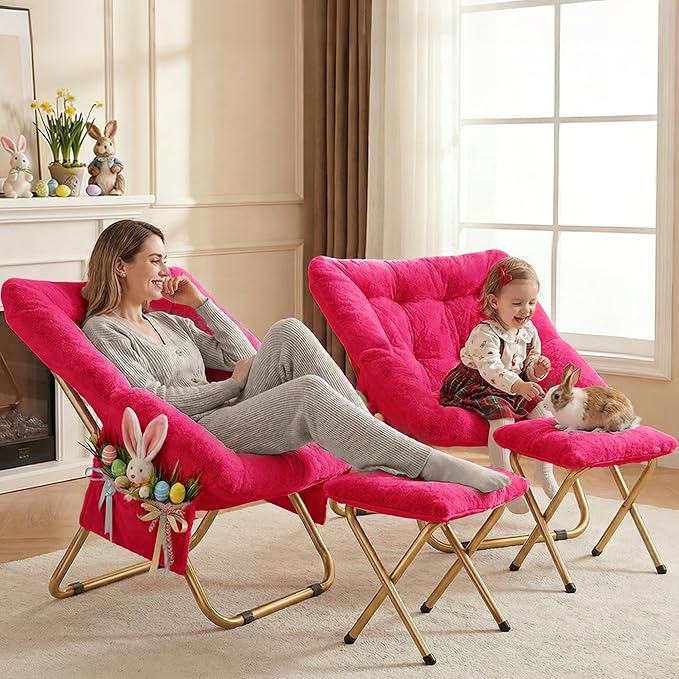 Kasunpul Comfy Saucer Chair, Foldable Living Room Chairs, Soft Faux Fur Lounge Chair for Bedroom, Reading Chairs for Adults, Teens, X-Large (Hot Pink)