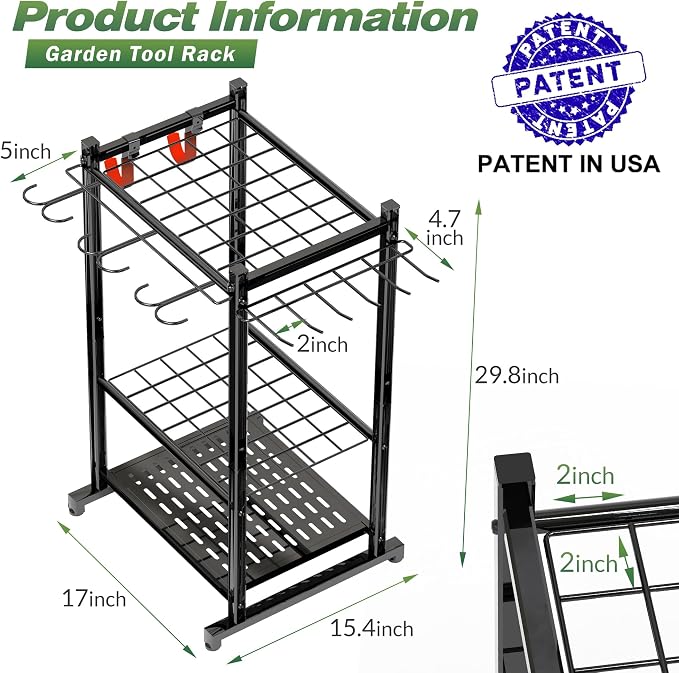 Sttoraboks Garden Tool Organizer Rack Up to 50 Tools, Heavy-Duty Steel Yard Tool Organizer for Garage Storage with 11 Hooks, Broom Holder & Garden Tool Rack for Shed, Patio, Outdoor Use, Black - Image 2