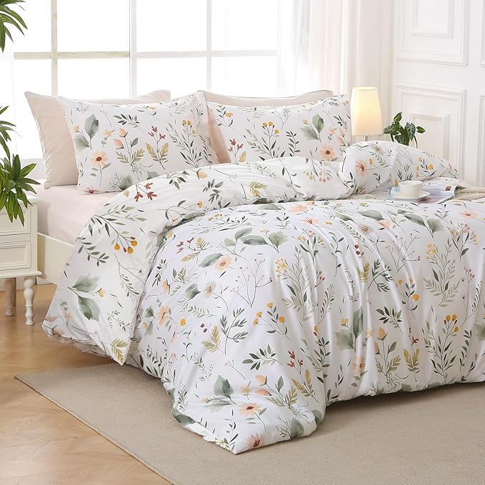 MUXHOMO Garden Leaves Full Comforter Set, Elegant Floral Print Bed in a Bag 7 Pieces, Ultra Soft & Breathable Reversible Botanical Pattern Bedding Set with Comforter, Sheets, Pillowcases, and Shams