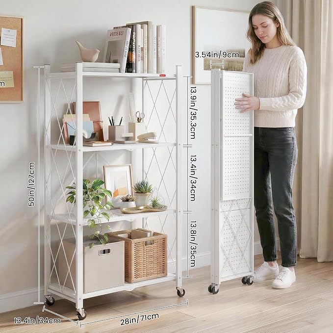 DEANIC 4 Tier Foldable Storage Shelves with Wheels, Large Capacity Shelving Unit, Freestanding Metal Wire Shelf Rack, No Assembly Organizer Rack for Garage Kitchen, Basement, Pantry(White Pack of 2) - Image 3