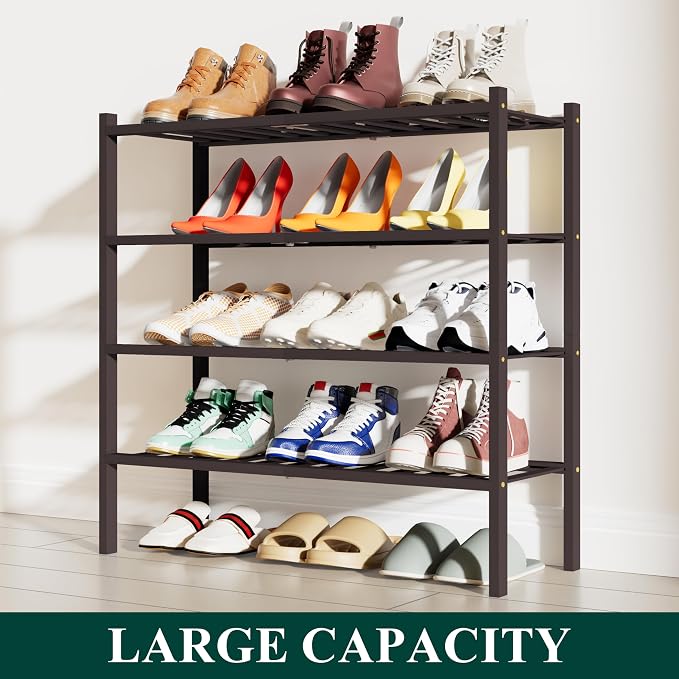 Smiry Shoe Rack, 4 Tier Bamboo Shoe Organizer, Stackable Free Standing Wooden Shoe Storage Shelf for Closet, Entryway, Front Door Entrance, Brown - Image 5