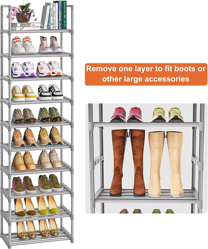 OYREL 10-Tier Metal Shoe Rack, Narrow Shoe Rack Organizer, Sturdy Shoe Shelf for Closets, Entryway, Bedroom, Garage - Silver - Image 7
