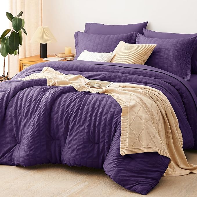 CozyLux Full Size Comforter Sets with Sheets 7 Pieces, Purple Seersucker Bed in a Bag Textured Luxury Soft Bedding Sets with Down Alternative Comforter, Sheets, Pillowcases & Shams for All Seasons