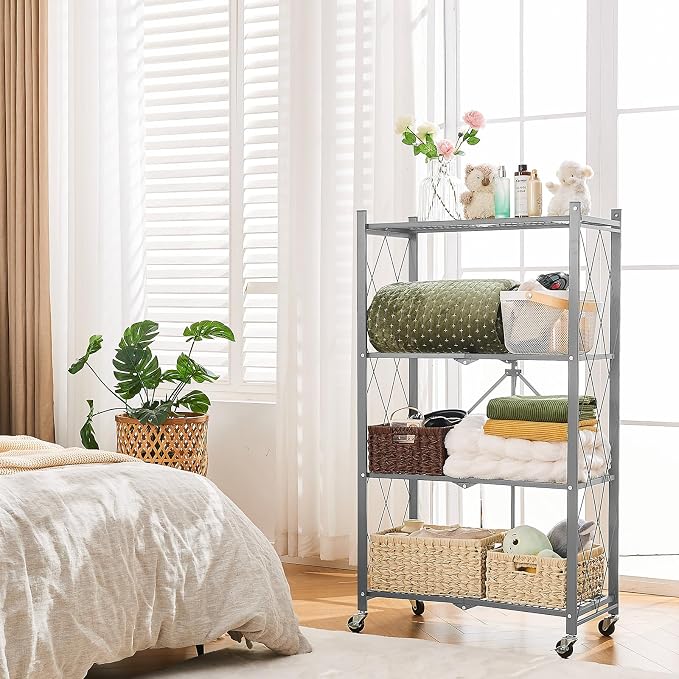 BRIAN & DANY 4-Tier Foldable Storage Shelves with Wheels, Folding Metal Rack Shelving Unit, Heavy Duty No Assembly Organizer Shelf for Garage, Kitchen, Basement, Pantry, Gray - Image 6