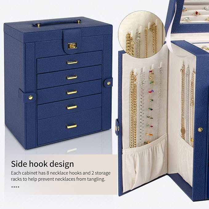 AKOZLIN Large Jewelry Box Organizer Functional with Big Mirror, Leather Jewelry Storage Case for Women Girls Ring Necklace Earring Bracelet Holder Organizer Blue - Image 7