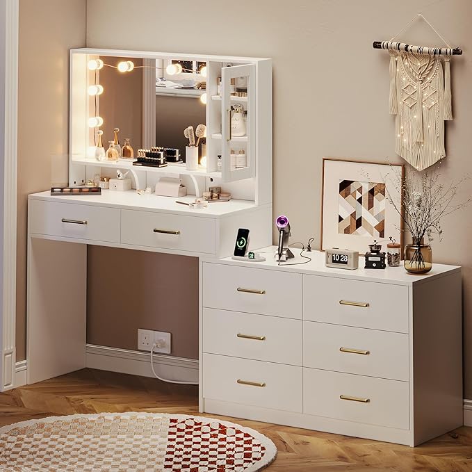 UGTOO Makeup Vanity Desk with Mirror and Lights, 59" Makeup Desk with Drawers & Cabinet & Dresser, Large Vanity Table with 8 Drawers, Vanity Desk with Large Mirror and 3-Color Lights for Girls
