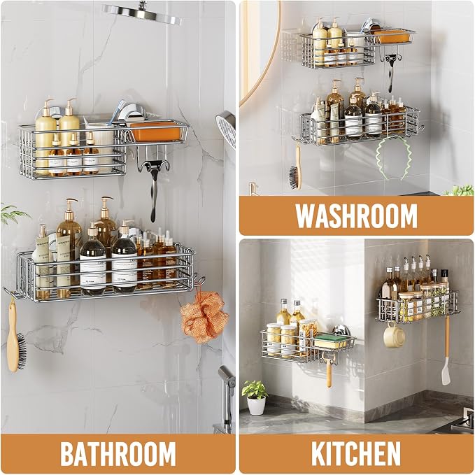 LEVERLOC Shower Caddy Suction Cup, 2 Pack Heavy Duty Bathroom Organizer for Inside Shower with Hooks & Soap holder, Removable and Rustproof Silver bathroom Holder Storage - Image 7