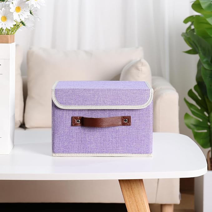 ANMINY 4PCS Storage Bins with Lid PU Leather Handles Storage Boxes PP Plastic Board Decorative Foldable Lidded Cotton Linen Fabric Home Cubes Baskets Closet Organizer Containers - Purple, Small Size - Image 6