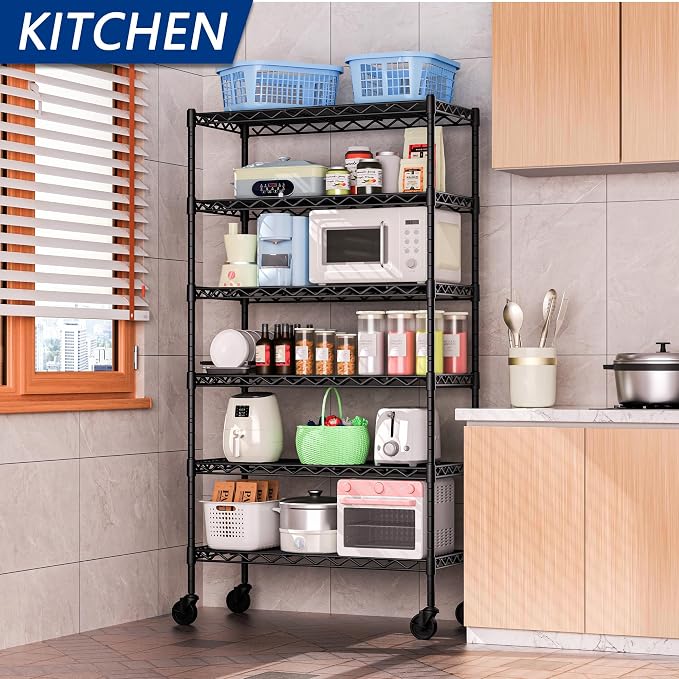 Soywey 6-Shelf Adjustable Heavy Duty Storage Shelving Unit, Metal Organizer Wire Rack for Laundry Bathroom Kitchen Pantry Closet with Wheels, Black - Image 2
