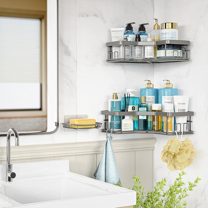 MAXIFFE 3 Pack Corner Shower Caddy with Soap Holder, Large Capacity Sturdy Easy Install No Drilling Stainless Steel Hold 40 LBS Shower Organizer Shelves Rack Storage for Family Renters Bathroom, Grey - Image 3