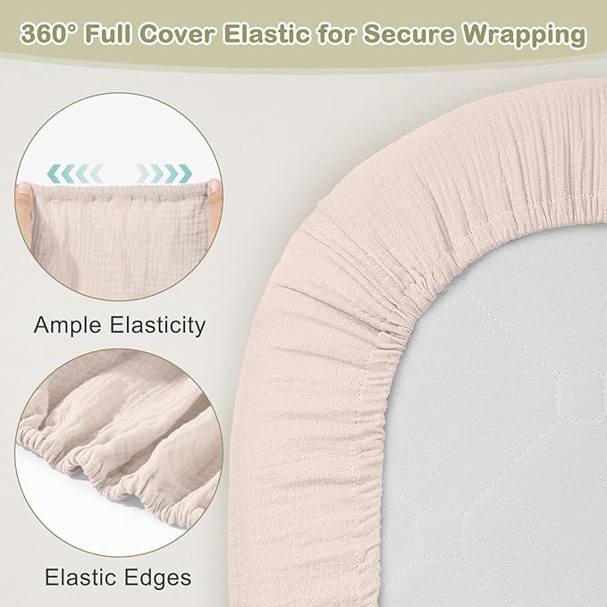 Basumee Muslin Bassinet Sheets for Baby Girl Boy 2 Pack Soft Breathable Baby Bedside Bassinet Fitted Sheets with Bottom Elastic Band Mattress Cover for Rectangle Oval Hourglass Bassinets
