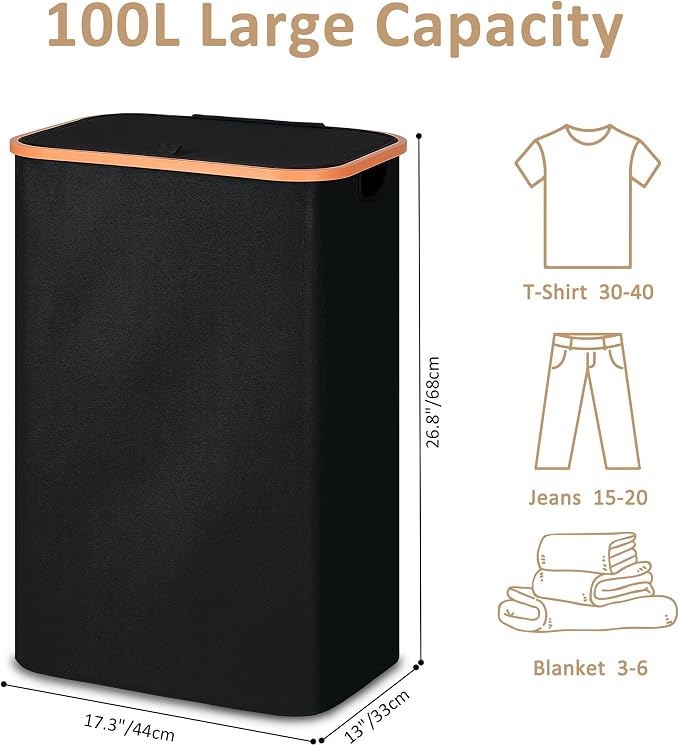 Vincona Slim Laundry Basket with Lid, Narrow Dirty Clothes Hampers for Laundry with Handle, Skinny Laundry Bin for Laundry Room, Dorm, Bedroom and Bathroom, 26.4 Gallon (100L) Black - Image 3