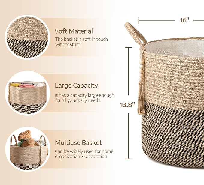 Mkono Woven Storage Basket Decorative Rope Basket Wooden Bead Decoration for Blankets,Toys,Clothes,Shoes,Plant Organizer Bin with Handles Living Room Home Decor, Yellow and Black, 16" W × 13.8" - Image 2