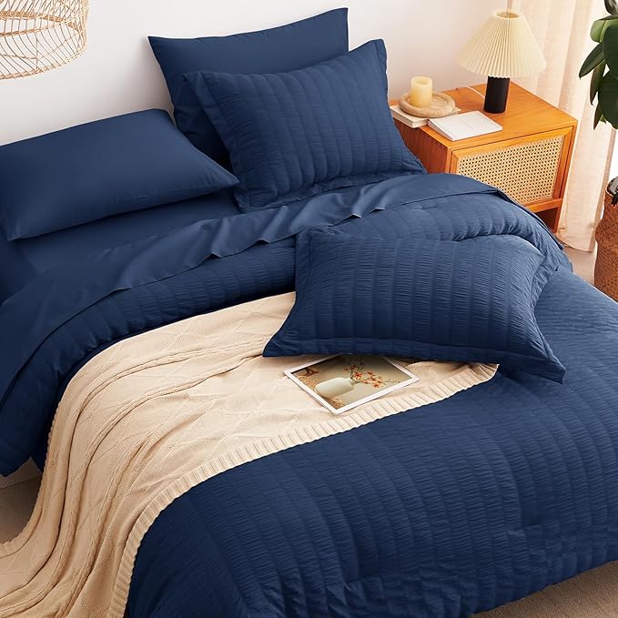 CozyLux Oversized King Comforter Set Navy Blue Seersucker 7 Pieces 120x98 Bed in a Bag Comforter Set with Sheets, Luxury Soft Bedding Sets with Down Alternative Comforter, Sheets, Pillowcases & Shams