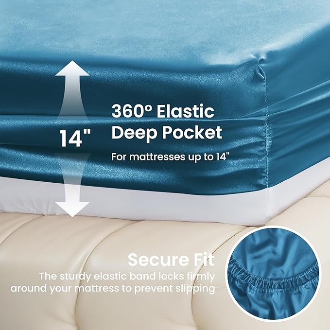 Love's cabin Satin Queen Sheets Set - 4 Piece Teal Silky Bed Sheets with Deep Pocket, Luxury Silk Feel Satin Queen Size Sheet Set (1 Flat Sheet,1 Fitted Sheet,2 Pillow Cases)