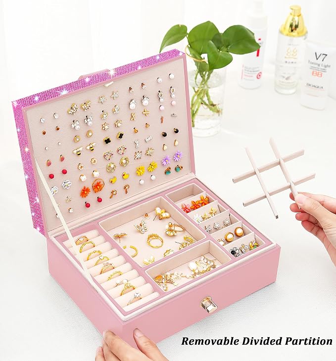 QBestry Jewelry Box for Earrings for Girls Jewelry Organizer Box Earring Holder Organizer for Girl Earring Box Jewelry Box Stud Earring Organizer for Girls Earring Jewelry Boxes for Women Pink Bling - Image 4