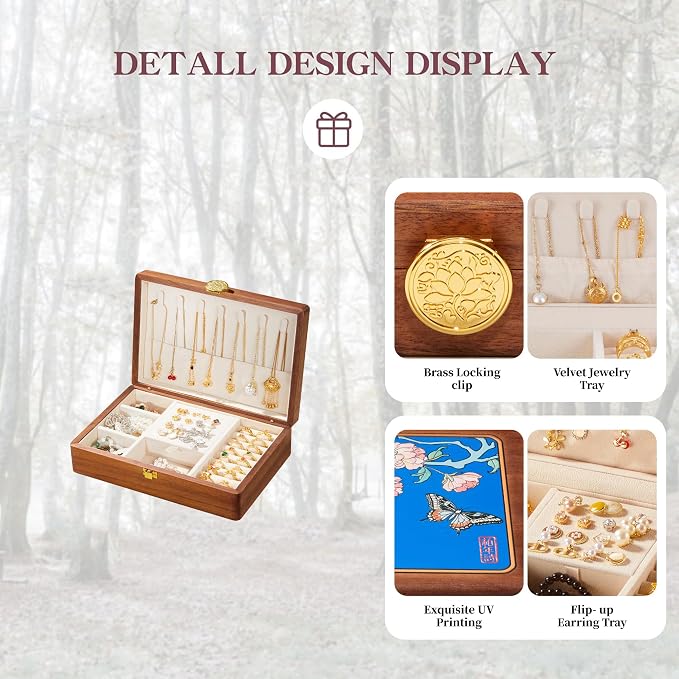 Travel Jewelry Case Small Wood Jewelry Organizer Jewelry Box for Women (Nut-Brown Print D) - Image 3