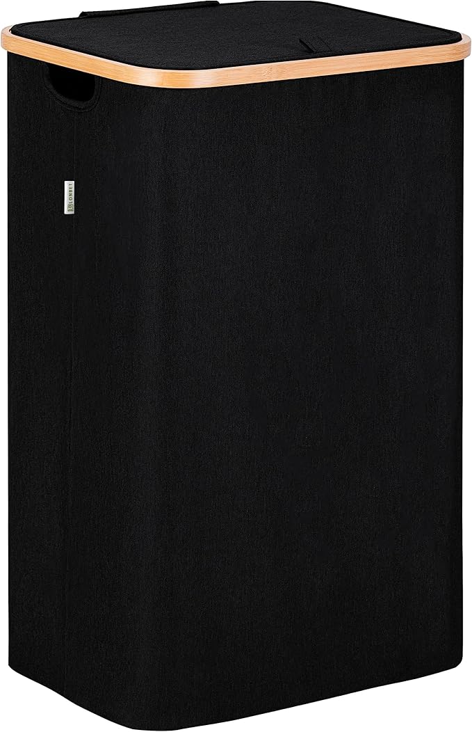 LONBET Laundry Basket with Lid, Made from Breathable Fabric | Aesthetic Clothes Hampers for Laundry with Side Handles & Sturdy Bamboo Frame (26 Gallons - Single, Black) - Image 4