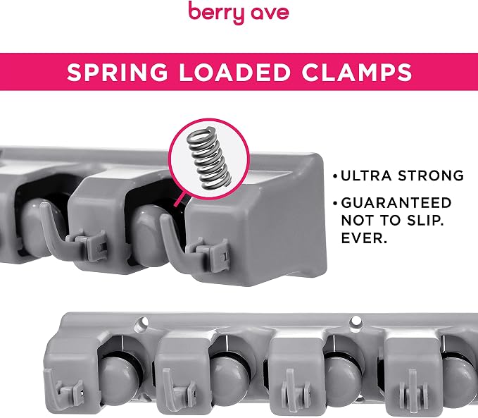 Combo 5 Slot Broom Holder w/ 1 Self Adhesive Mop Gripper No-Drilling, Wall Mount Tool Organizers For Kitchen, Garage, Laundry Room- Anti-Slip Hanger For Brooms, Mops, Rakes, Dustpans (Grey / White) - Image 3
