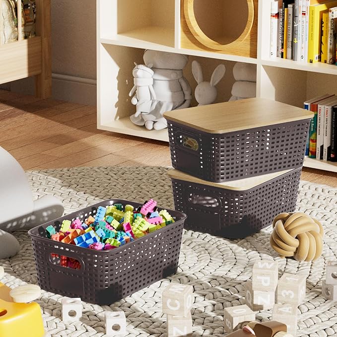 6Pcs Storage Bins with Lids, Stackable Plastic Storage Basket with Bamboo Lid, Pantry Organizer Box Small Containers for Organizing Shelves Drawer Desktop Closet Cabinet Office Classroom 10x7.1x4.1in - Image 5
