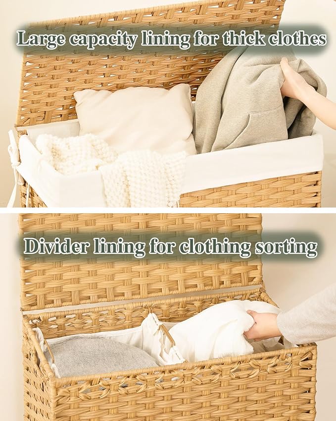 SETVSON Laundry Hamper with Lid Wicker Laundry Basket 112 L (29.6 Gal) Laundry Hampers Handwoven Rattan Clothes Hamper with Handles 3 Removable Liner Bag, 6 Mesh Bags for Bathroom Bedroom Natural - Image 3