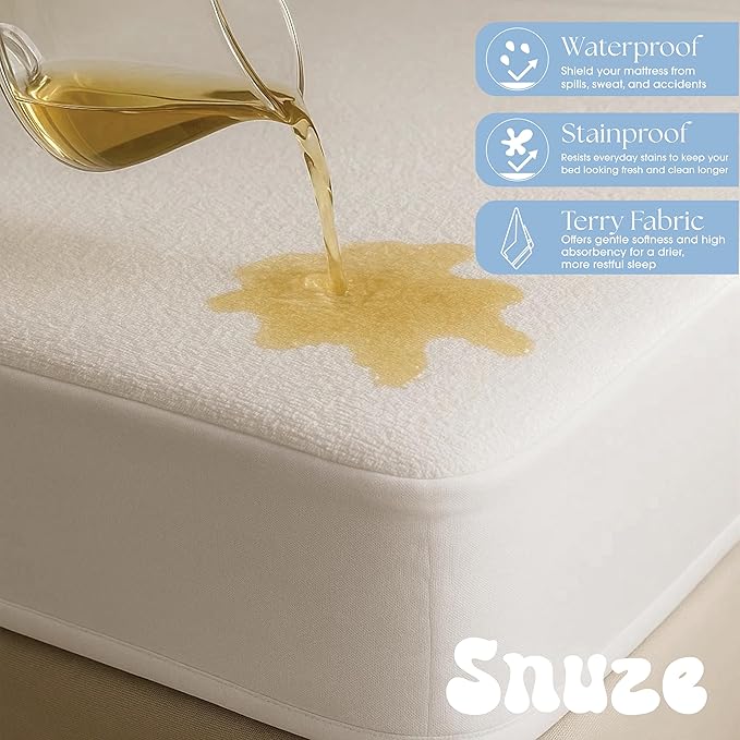 Snuze Soft Terry Mattress Protector – Twin Size, Waterproof Cover – Soft, Breathable, Machine Washable, Fits Up to 20” Deep Mattress
