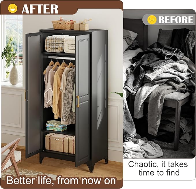 SteeLoong Metal Wardrobe Cabinet with Hanging Rod, 71" Tall Armoire Wardrobe Closet with 2 Mirror Doors and Adjustable Shelves, Black Clothing Storage Cabinets for Bedroom, Laundry Room