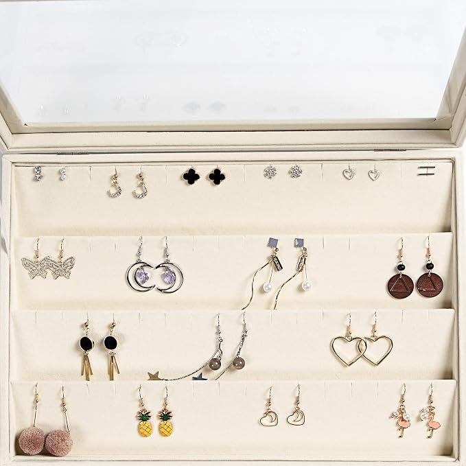 Frebeauty Earring Organizer Tray with Clear Lid 64 Slots Velvet Drawer Insert Earring Storage box with Transparent Glass lid Jewelry Display Case Store Showcase Gifts for Women(Beige, Earrings) - Image 5
