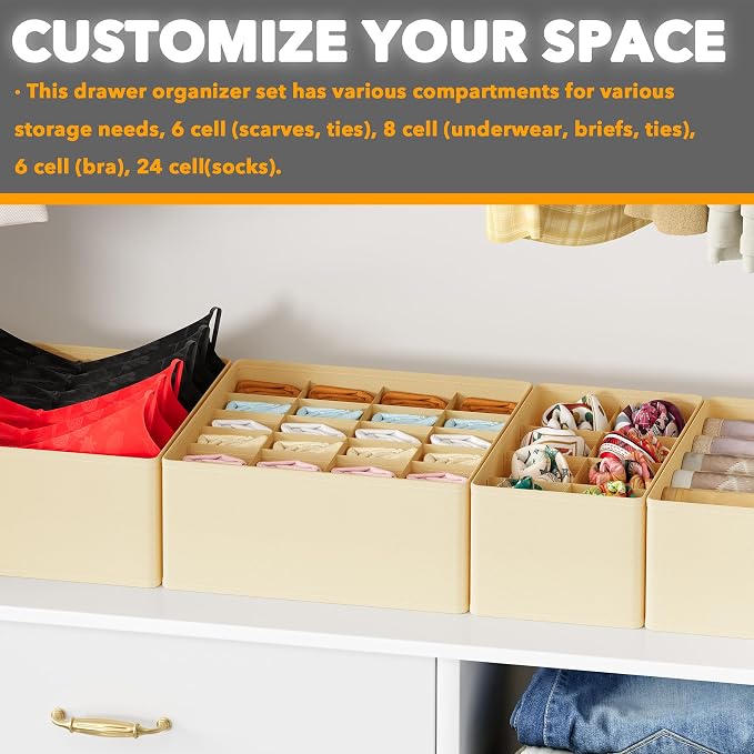 SpaceAid Underwear Drawer Organizer, 4 Pack Dresser Organizer Bins for Nursery, Closet Organization and Storage with Dividers for Baby Clothes Socks Bra Ties Scarf (Beige) - Image 6