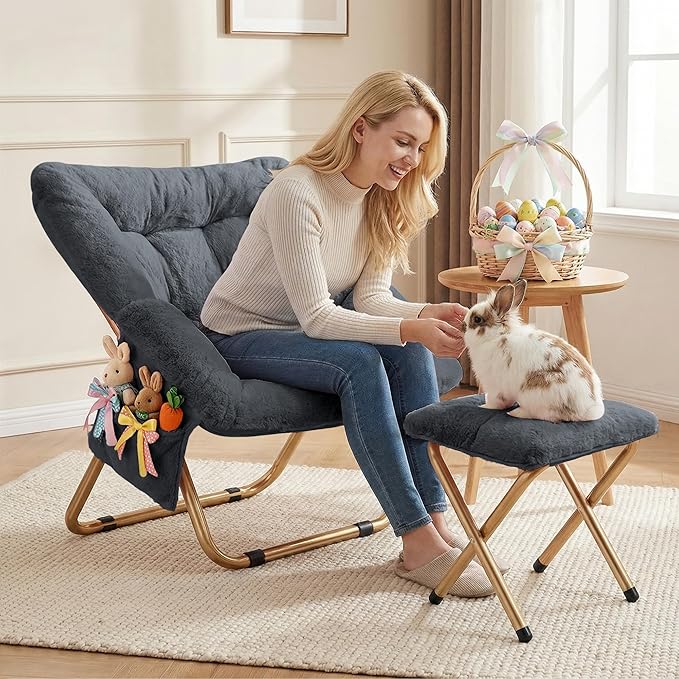 Kasunpul Comfy Saucer Chair, Foldable Living Room Chairs, Soft Faux Fur Lounge Chair for Bedroom, Reading Chairs for Adults, Teens, X-Large (Dark Grey)