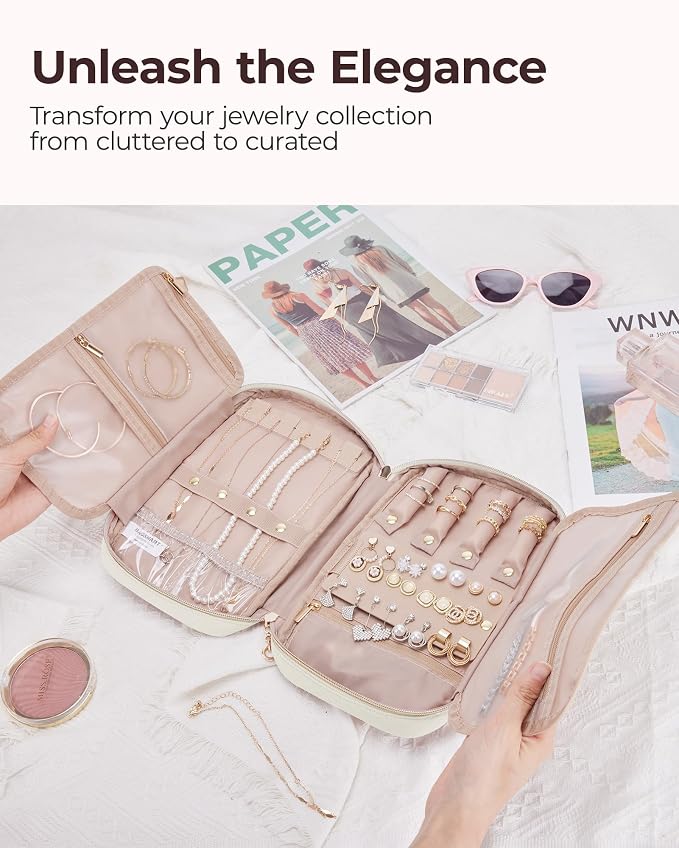 BAGSMART Travel Jewelry Case, Jewelry Organizer for Women Girls, Zipper Rings Holder Storage Pouch for Rolls Necklaces,Stud Earrings,Bracelets, Beige - Image 2