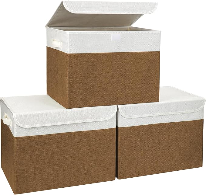 Large 17" 42 Quarts Collapsible Stackable Storage Bins with Lids [3-Pack] Foldable Fabric Linen Storage Boxes Cube, Closet Organizer Baskets with Label for Home (16.7 x 12 x 12", Brown & White) by Bagnizer