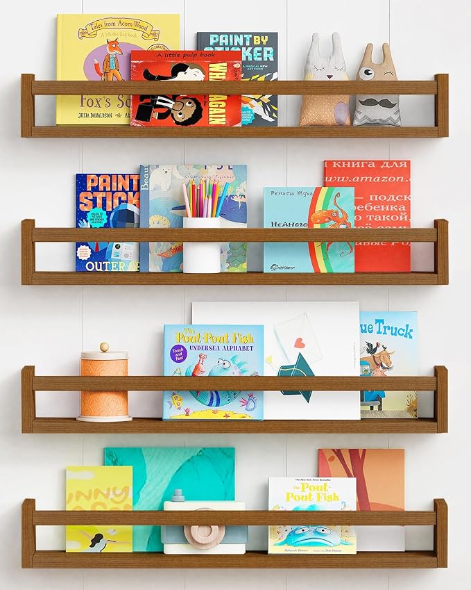 Forbena 24 Inch Wooden Floating Nursery Book Shelves for Wall, Walnut Nursery Bookshelf Wall Mounted for Kids Bedroom, Large Kids Floating Bookshelves for ChildToys Classroom Books Decor (Dark Brown) by Forbena