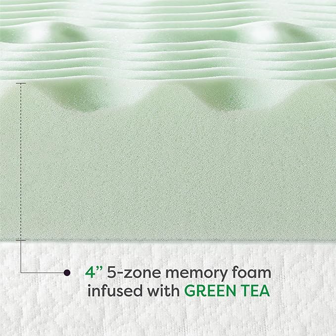 Mellow 4 Inch 5-Zone Memory Foam Mattress Topper, Calming Green Tea Infusion, Twin