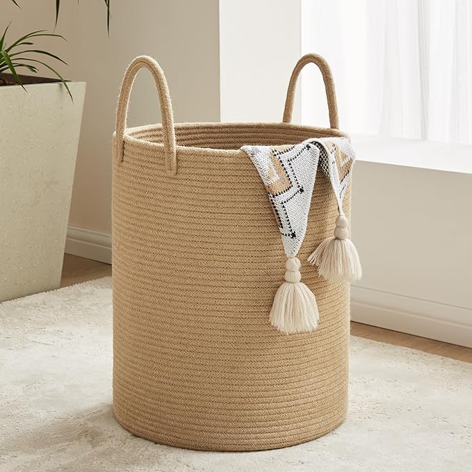 YOUDENOVA Cotton Laundry Hamper, 58L - Woven Collapsible Storage Basket - Jute Brown - Image 8