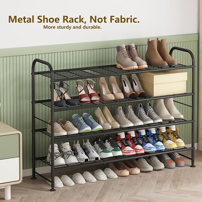 LINZINAR Shoe Rack Long 4 Tier Shoe Storage Organizer Metal Wide Shoe Shelf for Closet Entryway Bedroom 24 Paris Large Capacity, Gold Black - Image 5