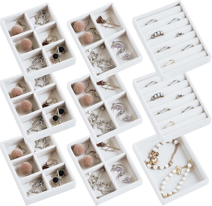 Frebeauty Small Jewelry Tray Set,Stackable Velvet Jewelry Organizer Tray,Mini Jewelry Drawer Organizer,Drawer Inserts,4.92 x 3.74 x 0.9 Inches,Earring Organizer for Women(Set 9,White) by Frebeauty