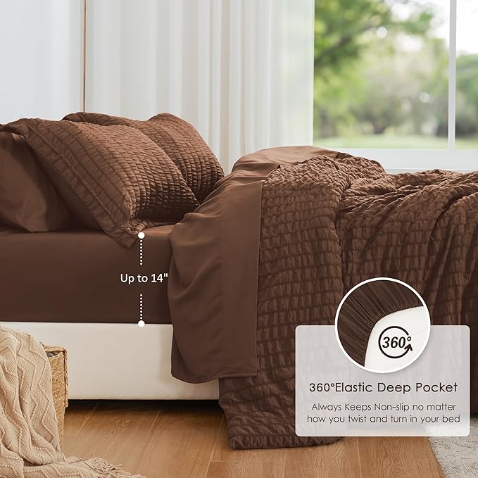 Love's cabin Seersucker Brown Full Comforter Set, 7-Piece All Season Lightweight Bed in a Bag Bedding Set with Comforter, Flat Sheet, Fitted Sheet, Pillowcases and Shams | Soft, Breathable, Lightweight