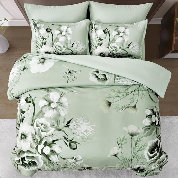 Luxudecor Floral Comforter Set Queen Size 7 Piece, Sage Green Flower Bed in a Bag, Elegant Floral Comforter with Sheet Set, Soft Seersucker Microfiber Bedding Set (Sage Green, 90"x90")