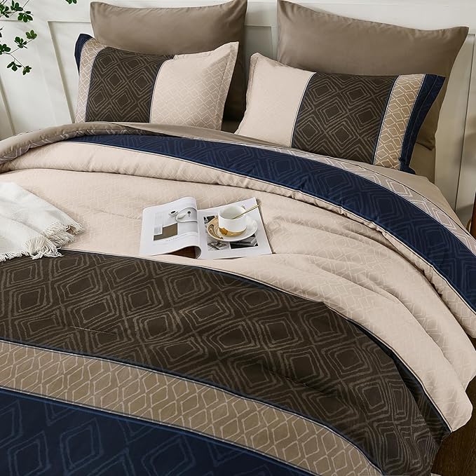 Dinjoy Boho Queen Comforter Set Navy Brown,7 Piece Bed in a Bag Queen Size Warm Striped Dark Blue Bedding Sets Plaid Fall Comforters Set with Sheets for Family All Season