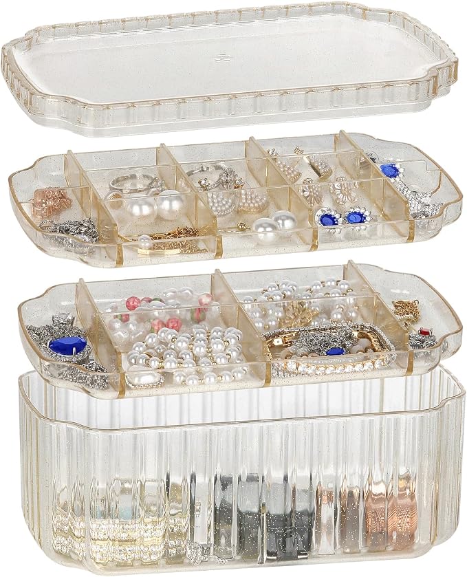 LETURE 3-Layer Jewelry Organizer Box for Earrings, Rings, Necklaces, Bracelets, Clear Plastic Bead Storage Containers for Crafts (Gold) - Image 2