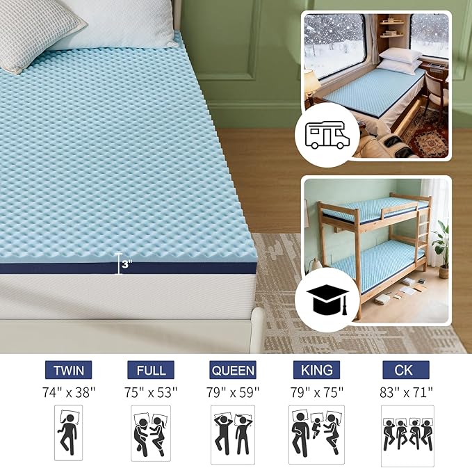 3 Inch Full Mattress Topper Reversible Hard Mattress Topper & Egg Crate Memory Foam Firm Bed Topper for Pressure Relief & Support CertiPUR-US