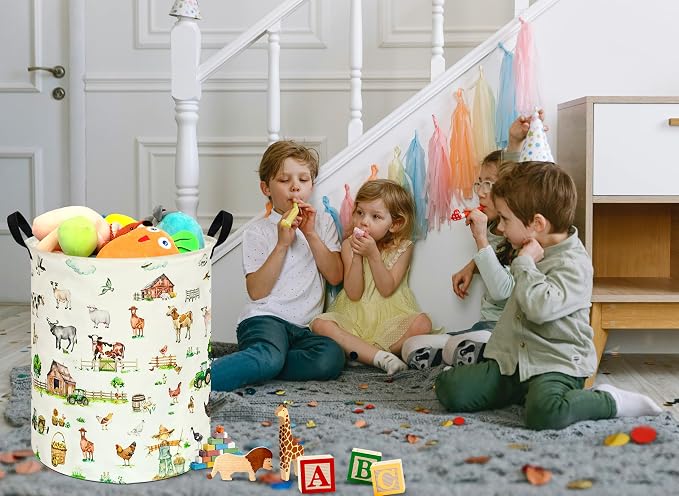 Collapsible Kids Laundry Basket Clothes Hamper, Foldable Storage Organizer Bin, Toy Clothes Storage with Handles for Boys Girls Bedroom, Room Decor Farm - Image 5