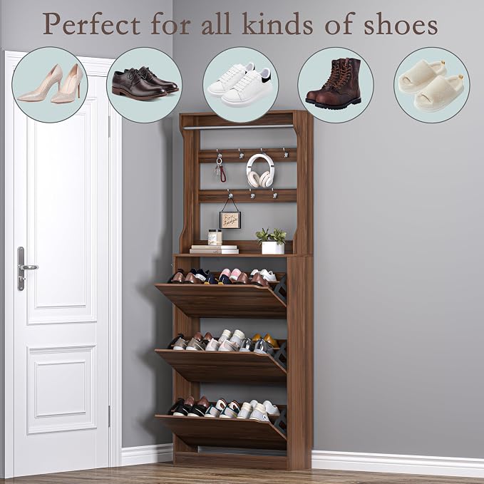 BORNOON Shoe Cabinet with 3 Flip Drawers & Coat Rack, Narrow Hidden Shoe Storage Cabinet, 2-in-1 Hall Tree Slim Freestanding Shoe Rack Organizer for Entryway, Hallway, and Living Room - Image 4